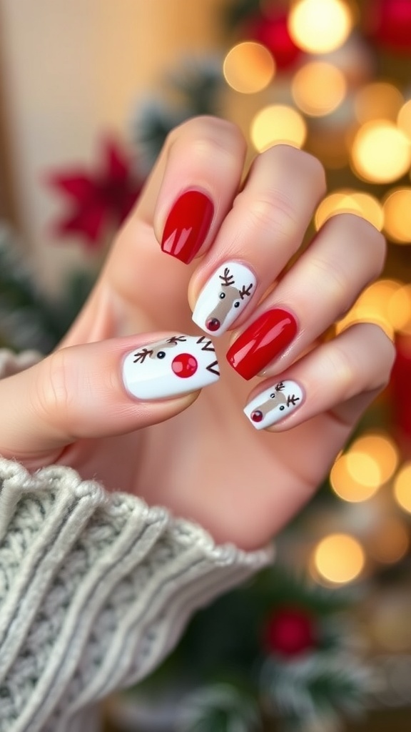 Elegant Christmas nail art with reindeer designs in red and white.